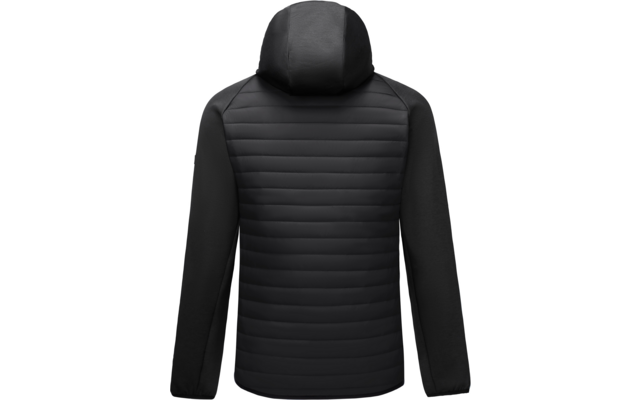 Schwarze Kapuzenjacke, Rückansicht, gestepptes Rückenpanel mit horizontalen Nähten, glatte Ärmel und Kapuze