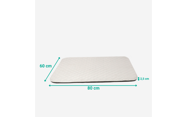 Rechteckiges, gestepptes weißes Polster mit schwarzer Seitenkante auf hellem Hintergrund; grüne Pfeile zeigen die Maße 60 cm, 80 cm und 2,5 cm