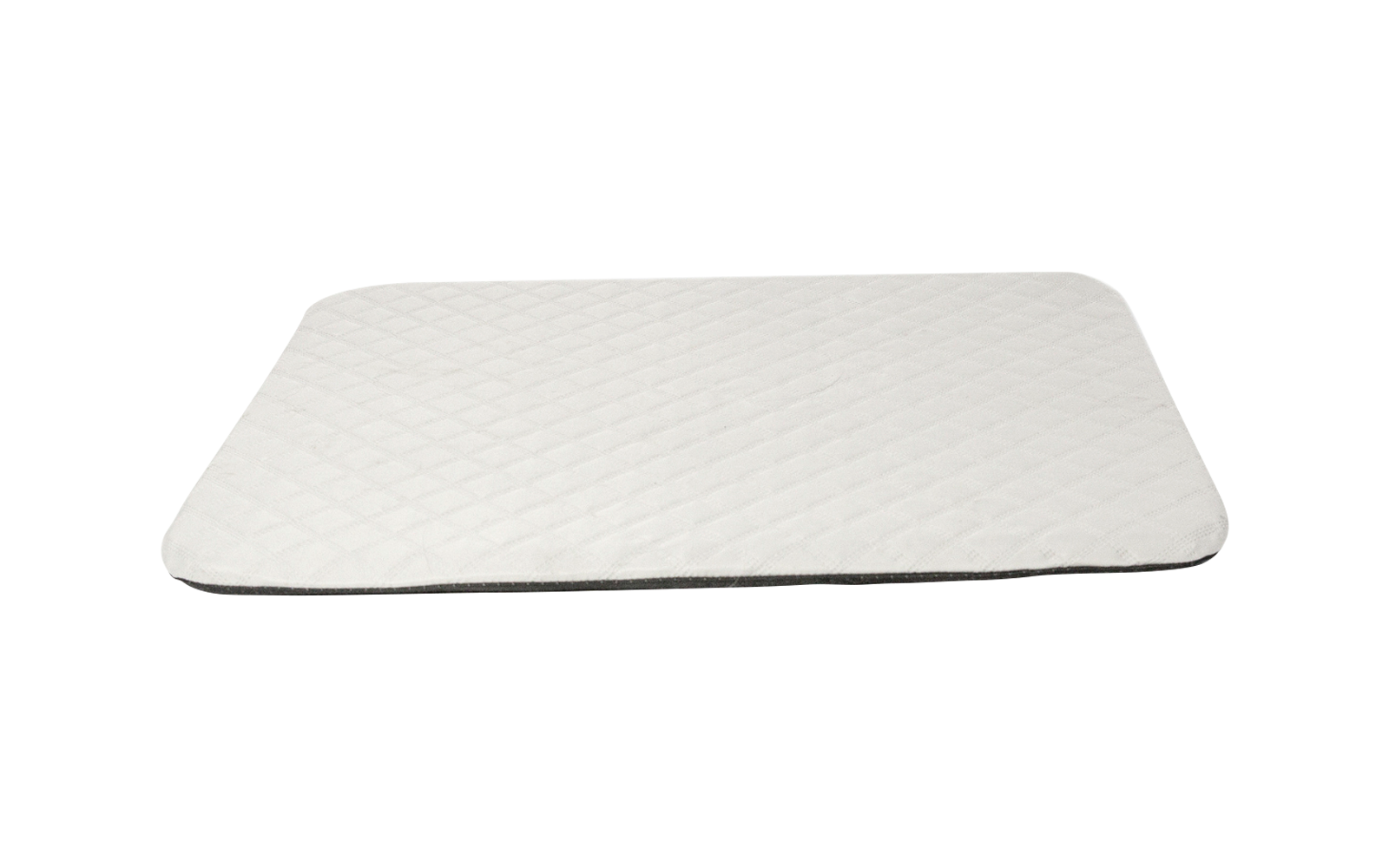 Tapis rectangulaire blanc matelassé avec coins arrondis et bord sombre sur fond blanc