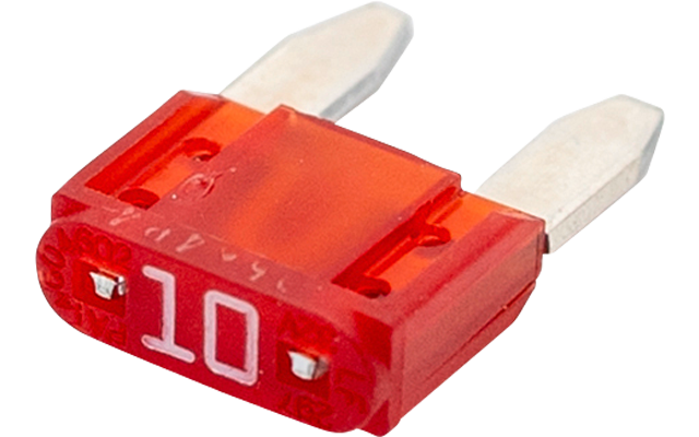 Rote, rechteckige Kunststoffteile mit zwei Metallstiften und weißer '10'-Beschriftung, eine große oben, zehn kleinere darunter in zwei Reihen auf weißem Hintergrund