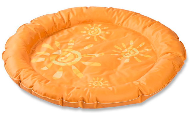 Rundes, orangefarbenes Kissen mit Sonne-Motiven und gepolstertem Rand