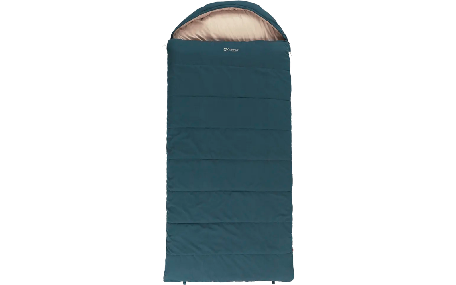 Blauer rechteckiger Schlafsack mit Kapuze und sichtbarem Innenfutter