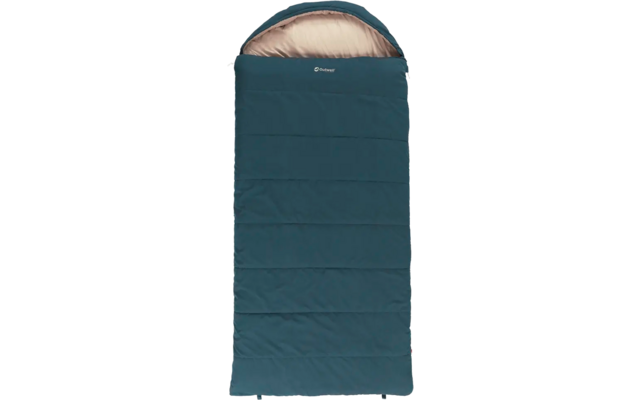 Blauer rechteckiger Schlafsack mit Kapuze und sichtbarem Innenfutter