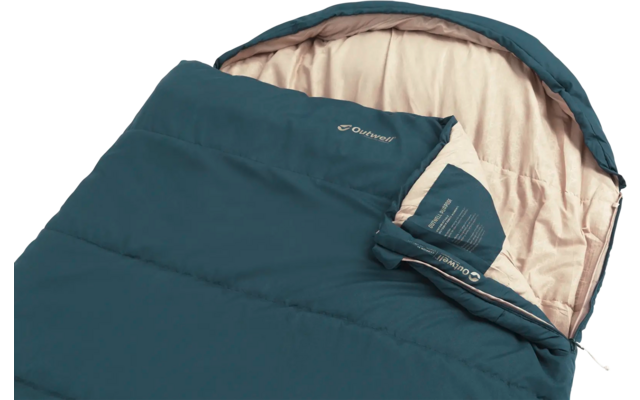 Blauer schlafsack mit offenem Reißverschluss und beiger Innenausstattung