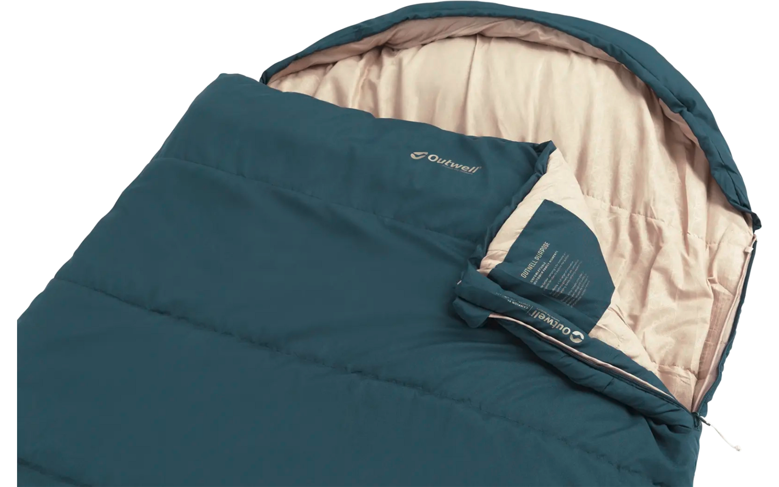 Blauer schlafsack mit offenem Reißverschluss und beiger Innenausstattung