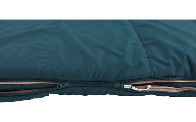 Detailaufnahme eines geöffneten Reißverschlusses an einem blauen Textil