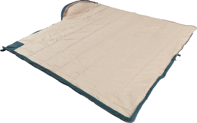 geöffnete, hellbeige Decke mit blauer Einfassung