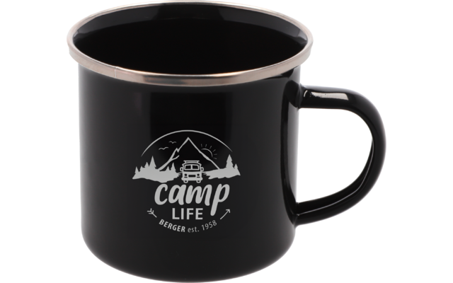 Schwarzer Campingbecher mit weißem Aufdruck eines Hauses, Bäumen und Schriftzug