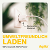 Weißes Ladekabel in einer Steckdose mit dem Text Umweltfreundlich Laden