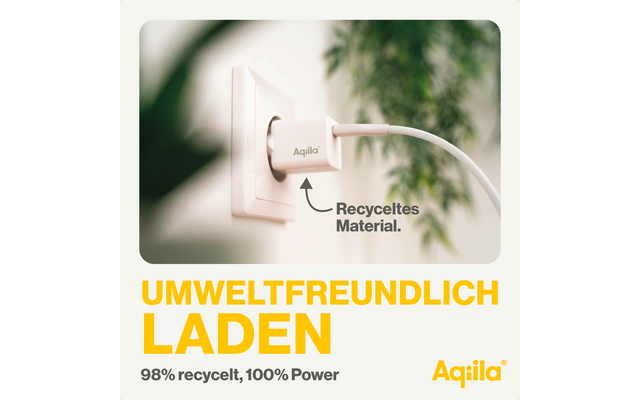 Weißes Ladekabel in einer Steckdose mit dem Text Umweltfreundlich Laden