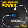 Handy lädt über ein weißes Kabel, Text 'Vielseitige Power' oben links, Aqila Logo unten rechts