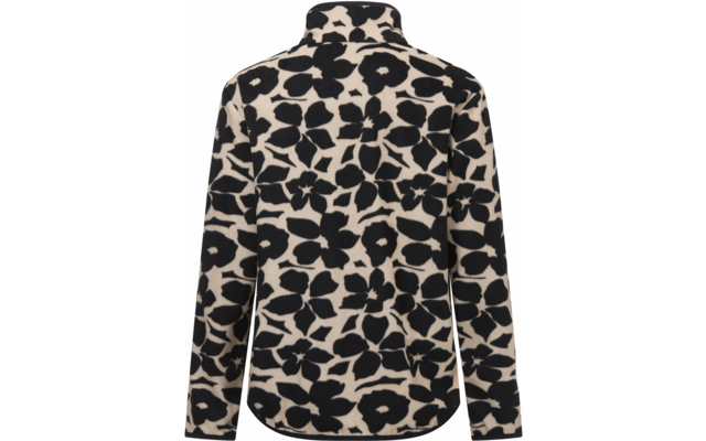 Vue de dos d'une veste à col montant, imprimé floral noir sur fond beige