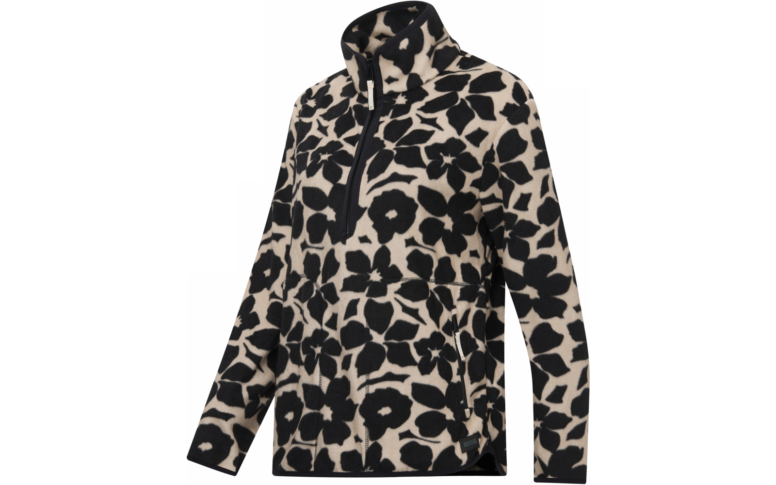 Pull polaire beige à motif floral noir, manches longues, col montant et fermeture éclair mi-hauteur