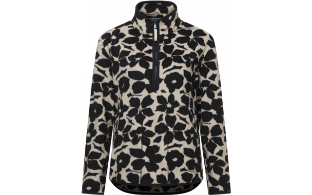 Pull polaire à col montant et demi-fermeture éclair avant, manches longues, motif floral noir sur fond beige