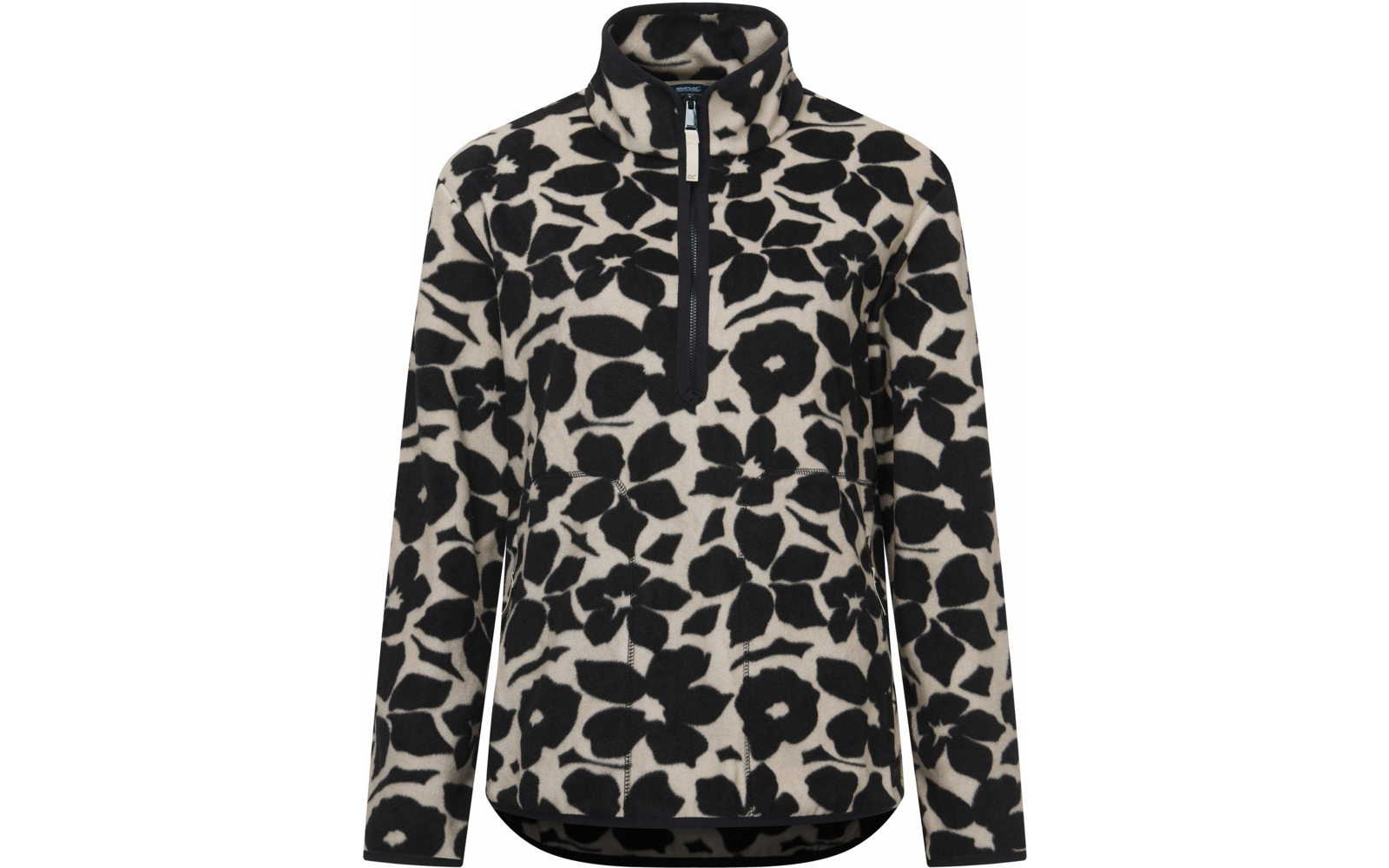 Pull polaire à col montant et demi-fermeture éclair avant, manches longues, motif floral noir sur fond beige