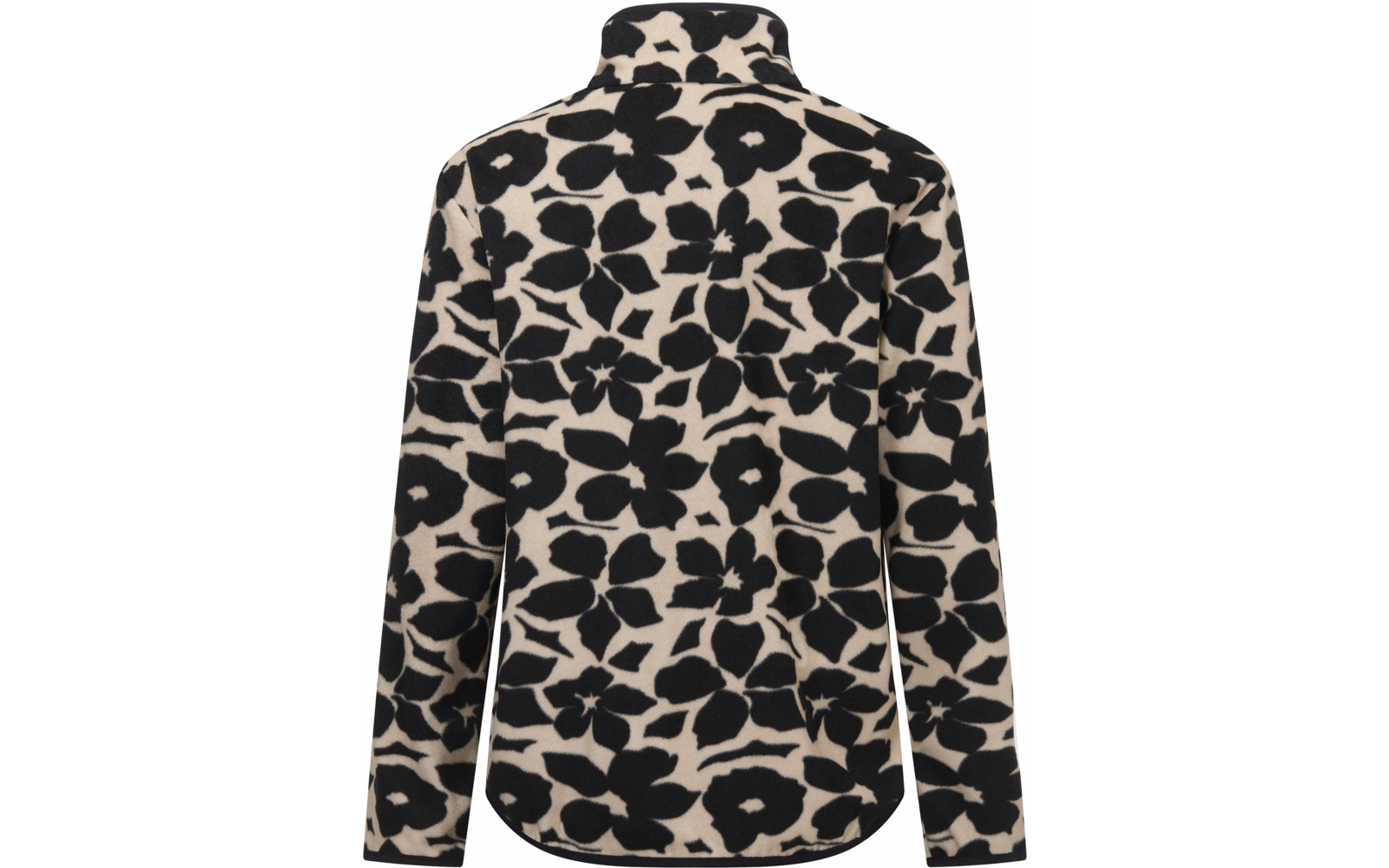 Vue de dos d'une veste à col montant, imprimé floral noir sur fond beige