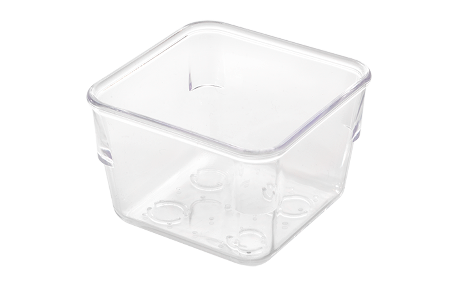 Ein durchsichtiges, quadratisches Plastikgefäß