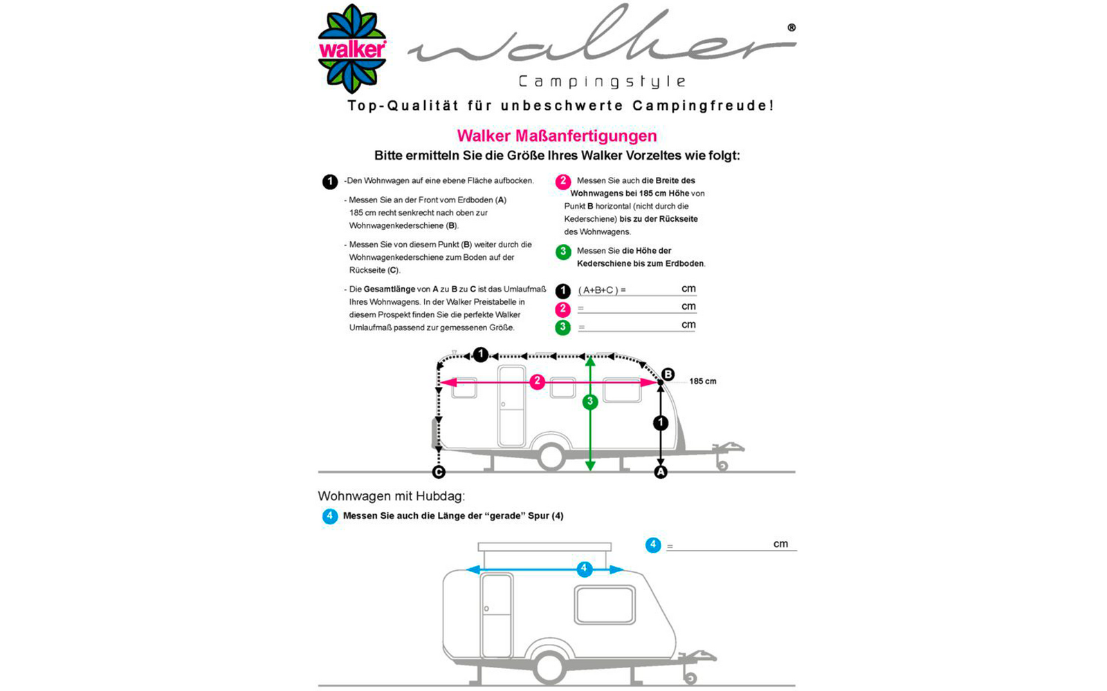 Pagina con logo Walker e emblema floreale, intestazioni in tedesco, passaggi numerati, linee di misura colorate e viste laterali schematiche di una roulotte, scala 'cm'