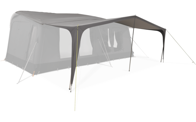 Graues Vorzelt an der Seite eines Wohnwagens, mit zwei offenen Bögen, transparenten Fenstern, vertikalen Stützstangen und Abspannleinen