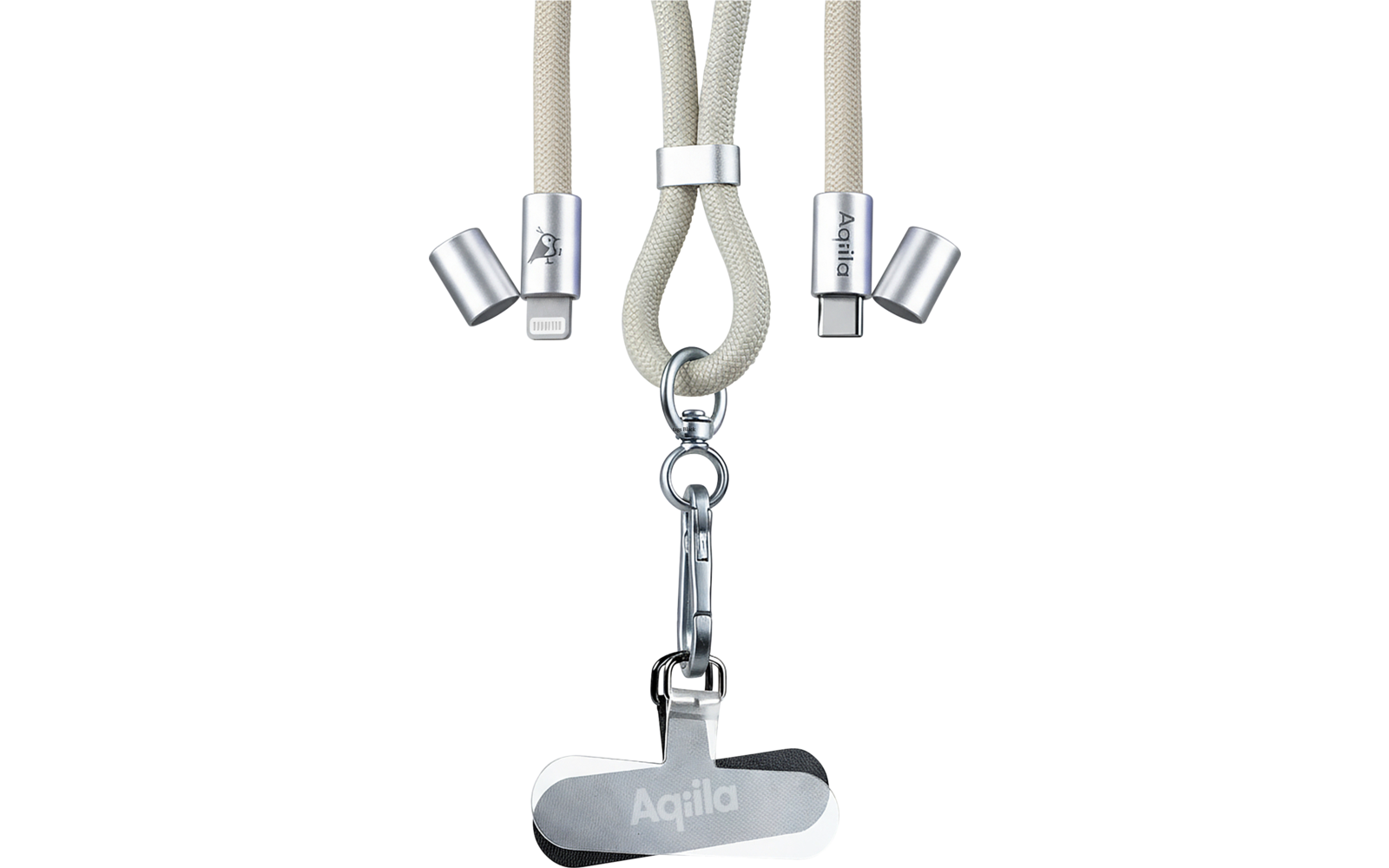 Drei beige geflochtene Kabel mit silbernen Steckern, in der Mitte ein silberner Karabiner mit metallischem Schild beschriftet 'Aqila', gelbes 'Aqila'-Logo unten rechts auf hellem Hintergrund