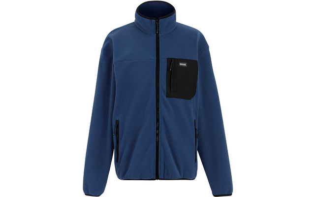 Blaue Fleecejacke mit schwarzer Brusttasche und durchgehendem Reißverschluss
