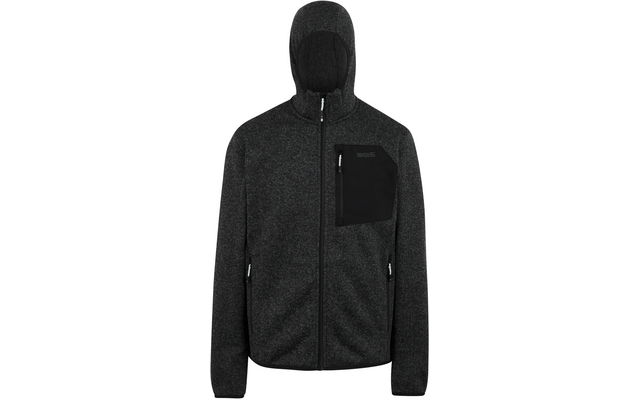 Dunkelgraue Kapuzenjacke mit Reißverschluss und einer schwarzen Brusttasche