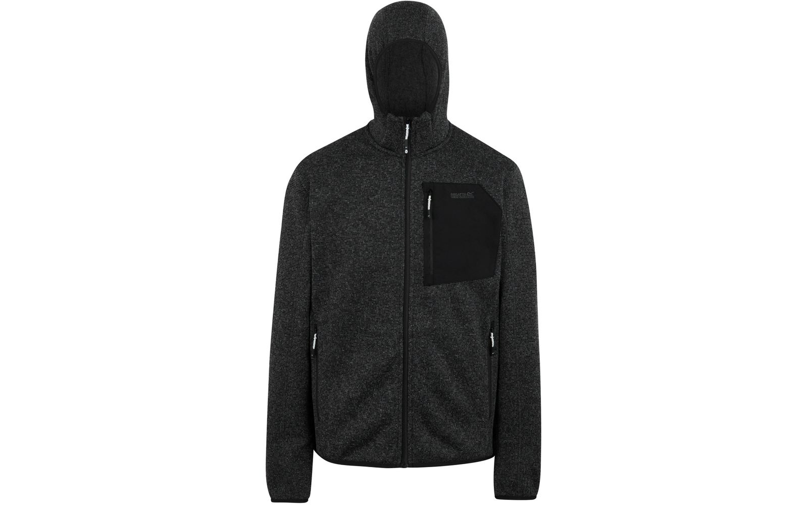 Dunkelgraue Kapuzenjacke mit Reißverschluss und einer schwarzen Brusttasche