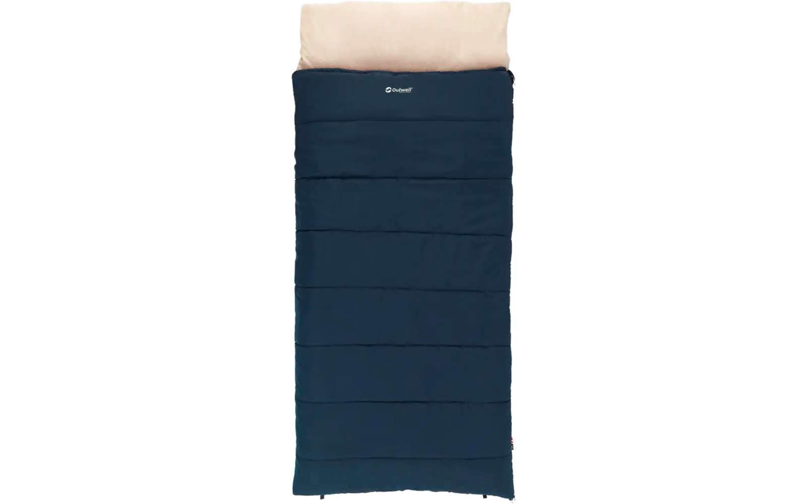 Blauer Schlafsack mit aufgeklapptem, hellbeigem Innenteil