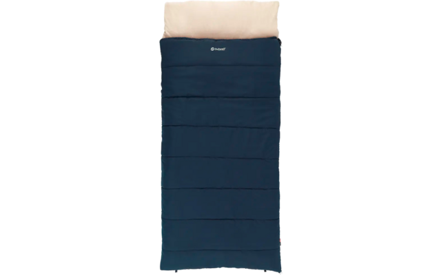 Blauer Schlafsack mit aufgeklapptem, hellbeigem Innenteil