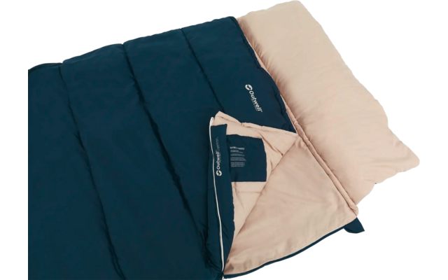 Schlafsack in Dunkelblau und Beige faltig gelegt