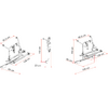 Dessins techniques en lignes d'un cadre avec supports de fixation, profils tubulaires et lignes de cote rouges (90.5 cm, 110 cm, 60 cm, 128 cm, 23 cm, 148 cm) en vues avant, latérale et en perspective