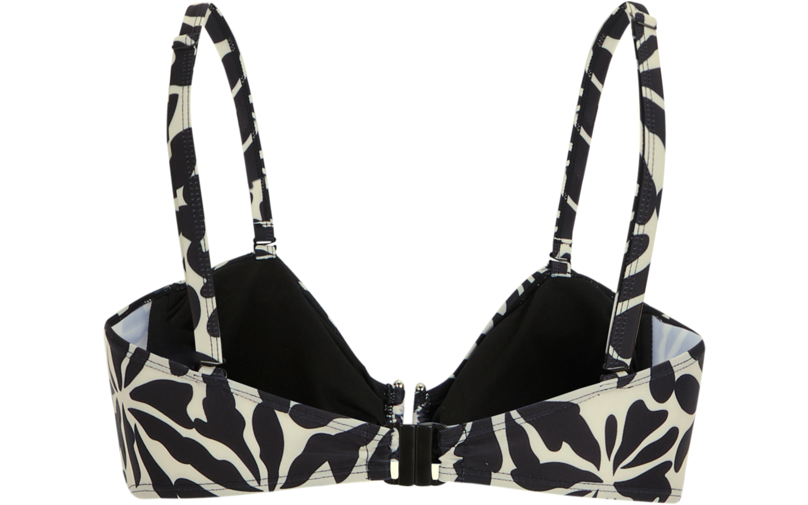 Schwarz-weiß gemustertes Oberteil mit verstellbaren Trägern, schwarzem Innenfutter und mittigem Hakenverschluss vor weißem Hintergrund