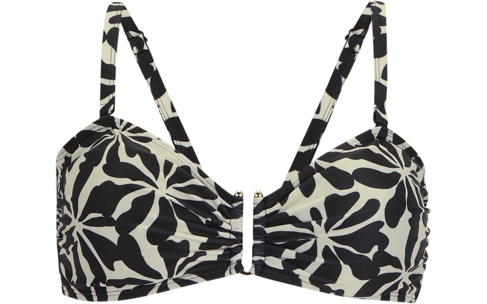 Schwarz-weiß gemustertes Bikinioberteil mit verstellbaren Trägern und Metallverschluss vorne