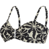 Beiges und schwarzes Bikini-Oberteil mit abstraktem Blumenmuster, schmalen Trägern und mittiger Metallschließe