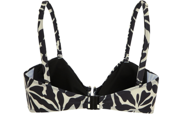 Schwarz-weiß gemustertes Oberteil mit verstellbaren Trägern, schwarzem Innenfutter und mittigem Hakenverschluss vor weißem Hintergrund