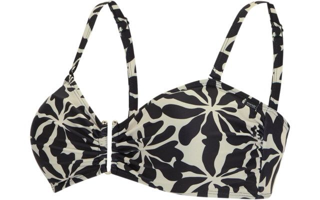 Beiges und schwarzes Bikini-Oberteil mit abstraktem Blumenmuster, schmalen Trägern und mittiger Metallschließe