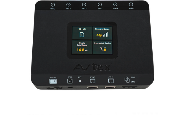 Schwarzes rechteckiges Gerät mit zentralem Farbdisplay, das '4G', Empfangsbalken, 'Network Status', 'Mobile Data Usage 14.8 MB' und ein WLAN‑Symbol mit '8' anzeigt; geprägtes 'avtex'-Logo unter dem Display; obere Reihe mit sechs kreisförmigen Symbole