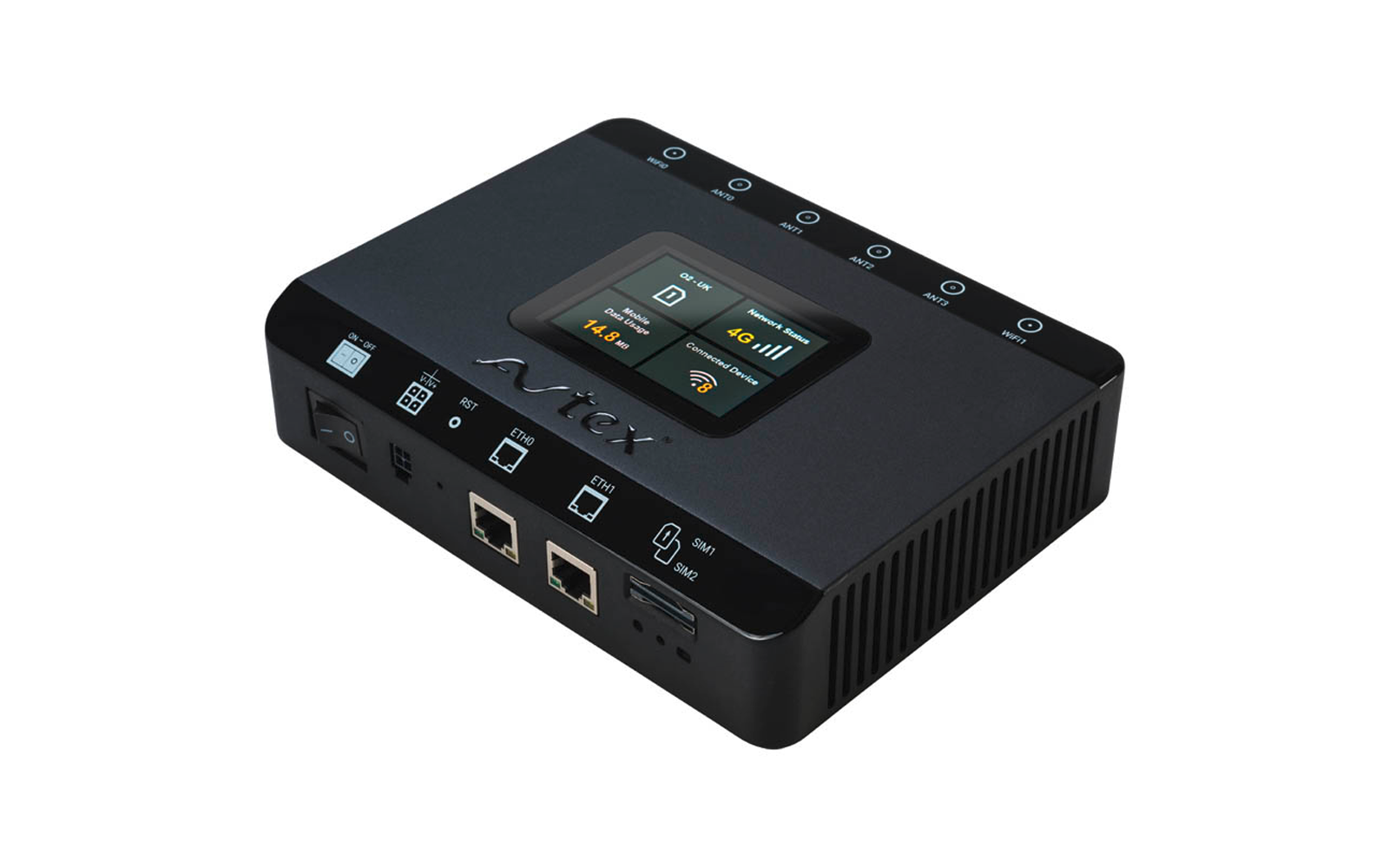Schwarzes rechteckiges Gerät mit kleinem Display, zwei Ethernet‑Buchsen, SIM‑Einschub, LED‑Symbole und seitlichen Lüftungsöffnungen