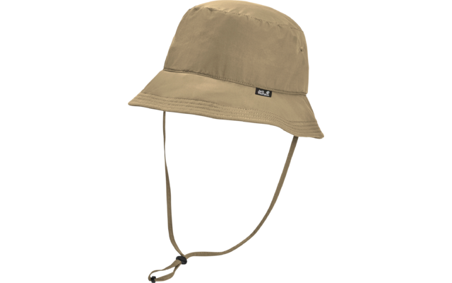 Beiger Fischerhut mit breiter Krempe, Kinnband mit Kordelzug und kleinem rechteckigem Stoffetikett an der Seite