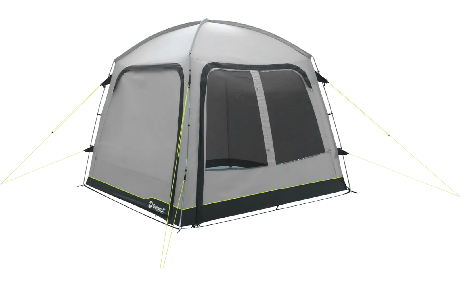 Tente grise avec deux fenêtres et des cordes vertes
