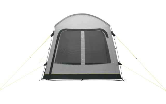 Tente grise avec grandes fenêtres et cordes de hauban vertes