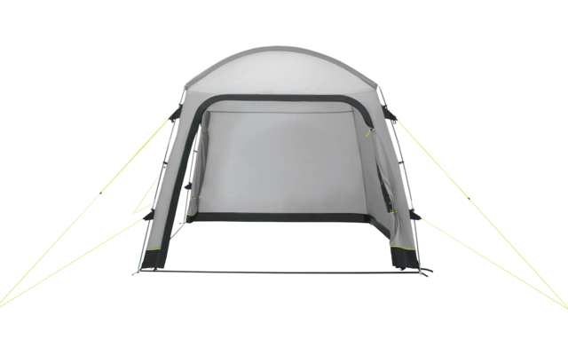 Tente vue de face avec entrée ouverte et cordes de hauban jaunes vives