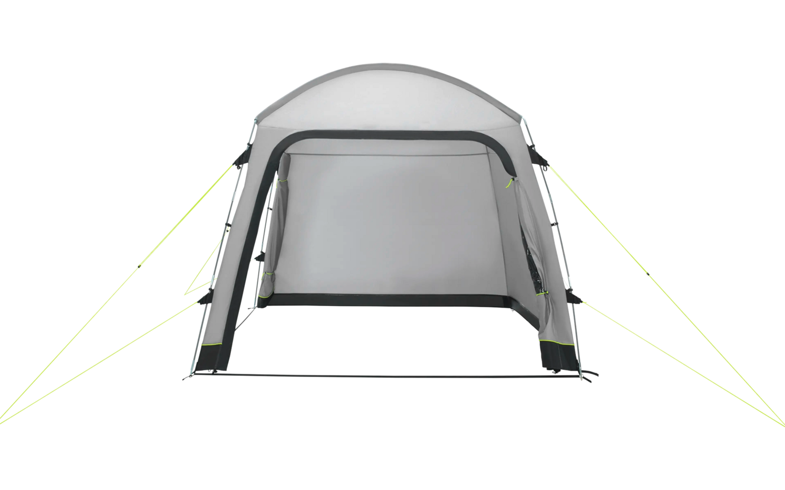 Tente vue de face avec entrée ouverte et cordes de hauban jaunes vives