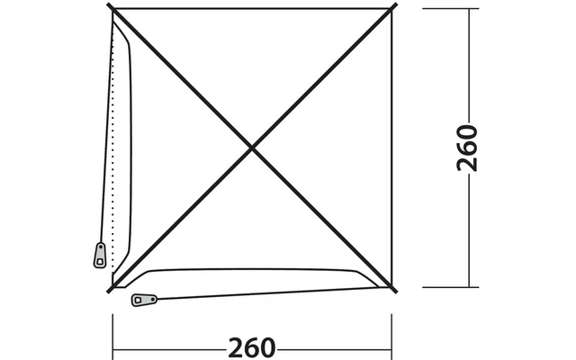 Tente carrée avec deux fermetures éclair et dimensions de 260 sur 260 centimètres