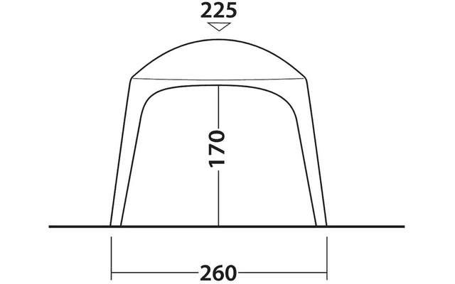 Croquis d'une tente avec les dimensions : hauteur 170 cm, largeur 260 cm, profondeur 225 cm