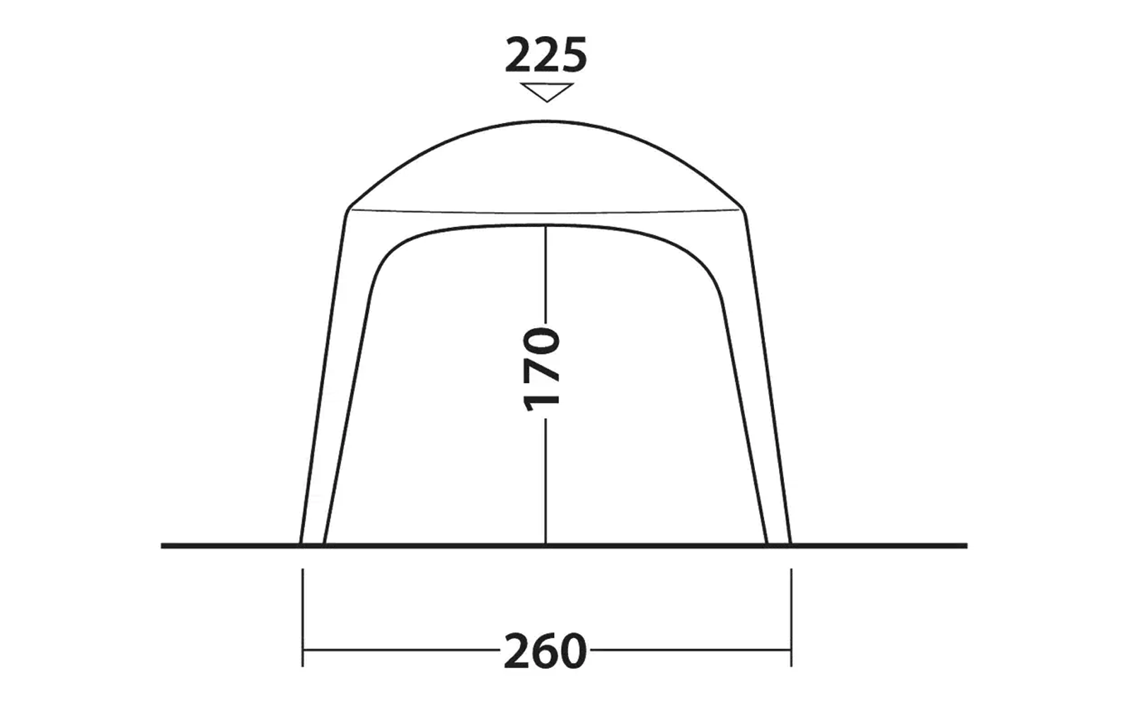 Croquis d'une tente avec les dimensions : hauteur 170 cm, largeur 260 cm, profondeur 225 cm