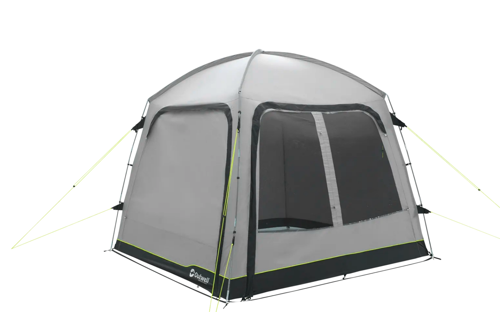 Graues Zelt mit zwei Fenstern und grünen Abspannleinen