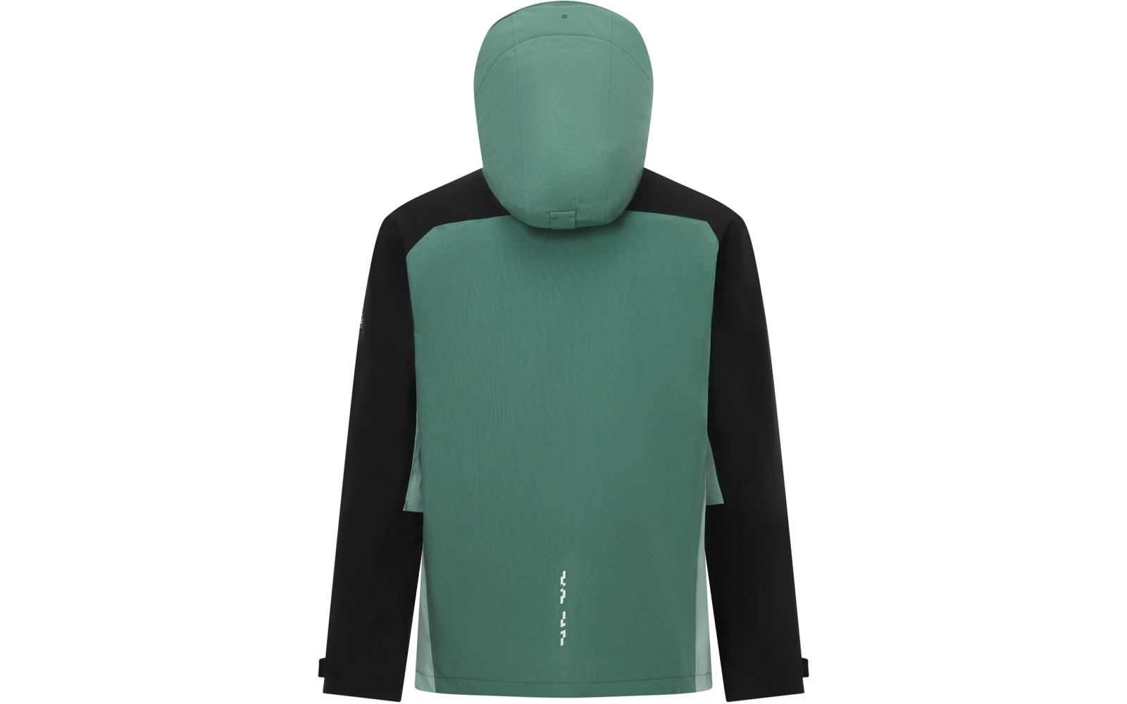 Rückenansicht einer grünen Kapuzenjacke mit schwarzen Ärmeln und kleinem weißen Logo unten in der Mitte des Rückens