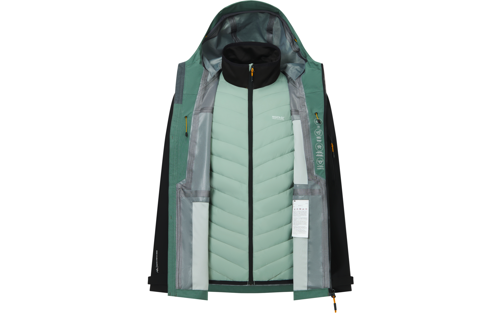 Geöffnete grün-türkise Jacke mit hellgrüner gesteppter Innenweste, schwarzem Kragen, Kapuze sowie sichtbaren Taschen und Reißverschlüssen