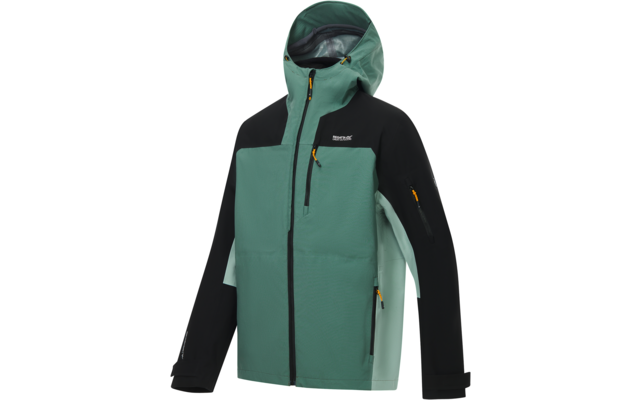 Kapuzenjacke in Mintgrün und Schwarz mit durchgehendem Reißverschluss, Brusttasche, zwei seitlichen Reißverschlusstaschen, Reißverschluss an einer Ärmel, gelben Reißverschlusslaschen und weißem Logo auf der Brust
